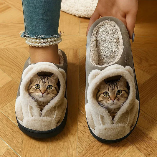 🐱 Wygodne wsuwane kapcie z motywem kociej twarzy 3D — zimowe, ciepłe i antypoślizgowe